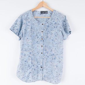 VTG Baby Blue Floral Button Up Camp Blouse